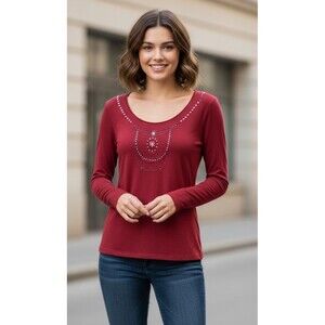 Maroon Beaded Long Sleeve Top – Women’s Small – Sparkly Vintage Boho Blouse